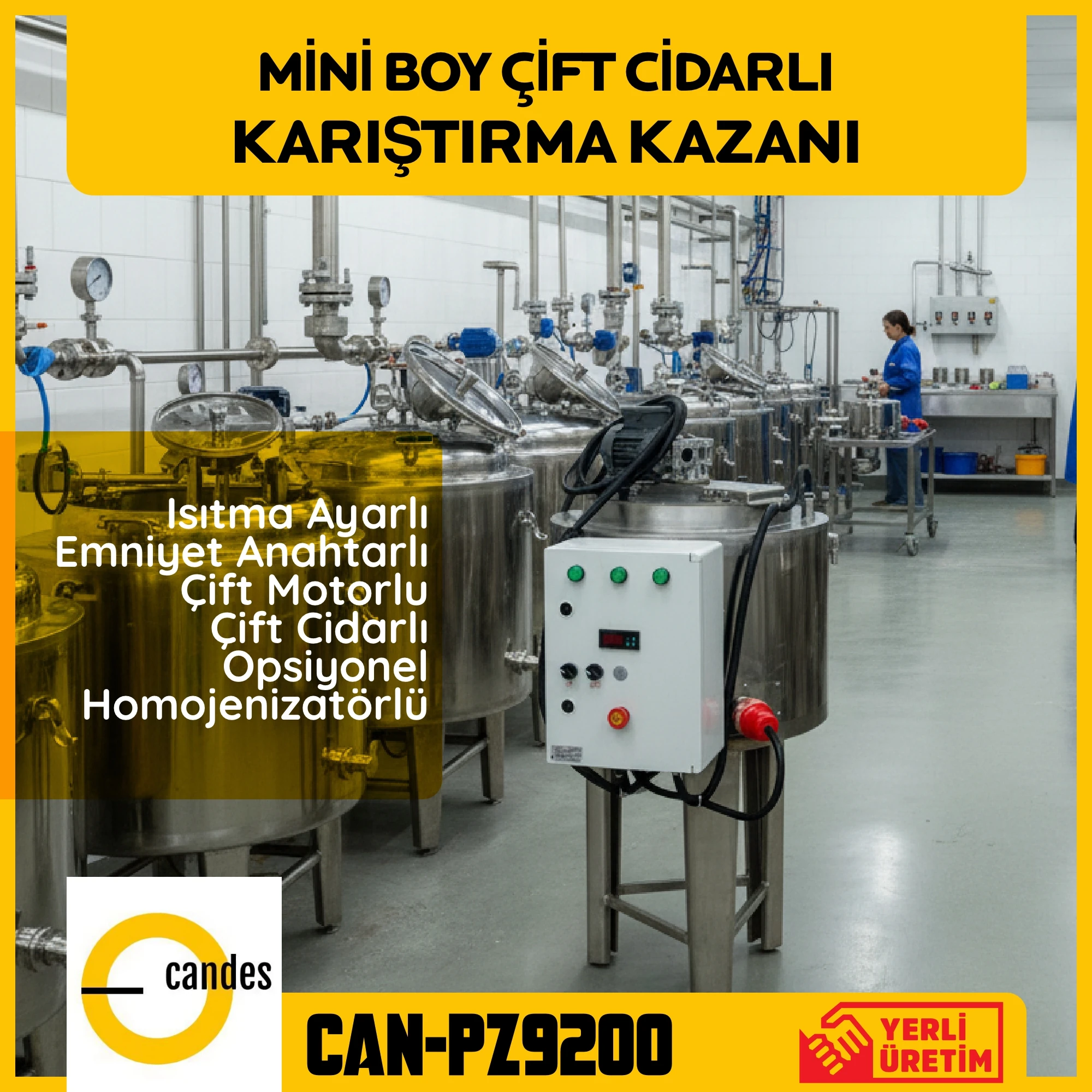 Candes CAN-PZ9200 50 LT Çift Cidarlı Isıtıcılı Kozmetik Karıştırma Kazanı